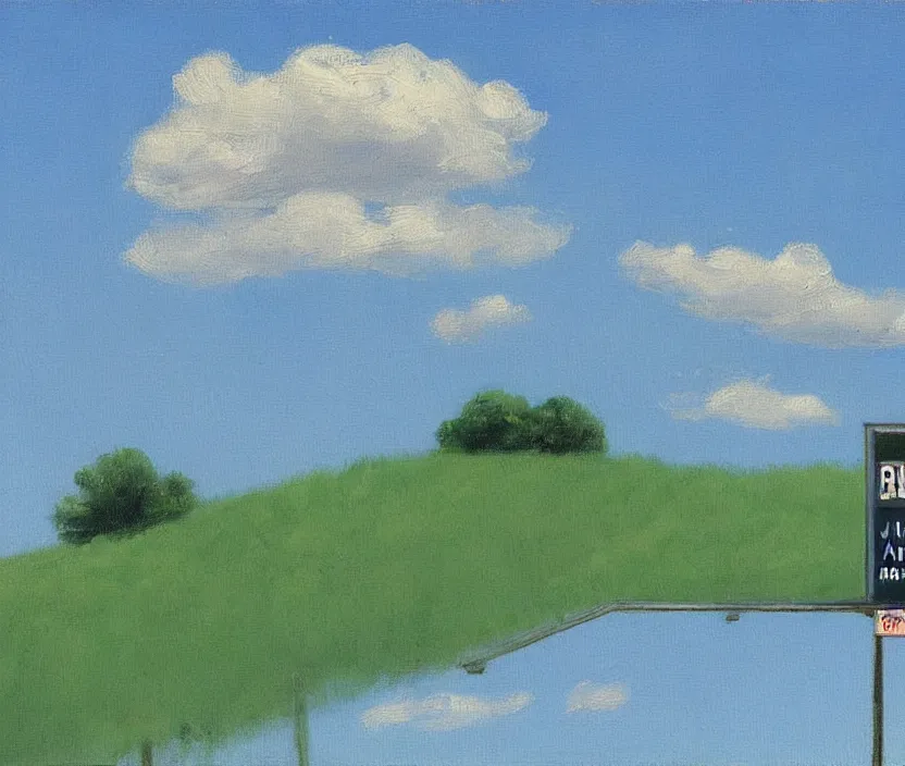 Prompt: a very detailed painting of one billboard on a meadow, billboard has written on it do aliens exist?, baby blue sky with very aesthetic stylized clouds, in the style of edward hopper, very small brushstrokes, 4 k,