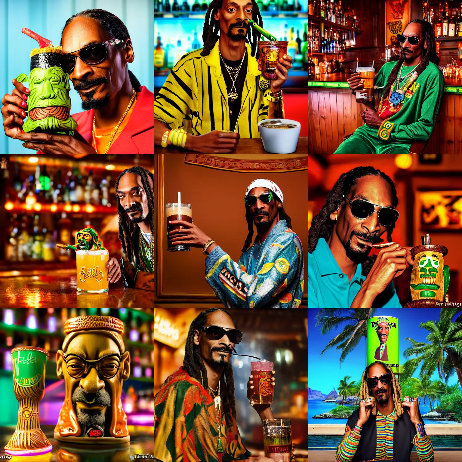 Prompt: a closeup photorealistic photograph of snoop dogg at trader vic's bar holding a snoop dogg themed tiki mug. brightly lit scene. this 4 k hd image is trending on artstation, featured on behance, well - rendered, extra crisp, features intricate detail, epic composition and the style of unreal engine.