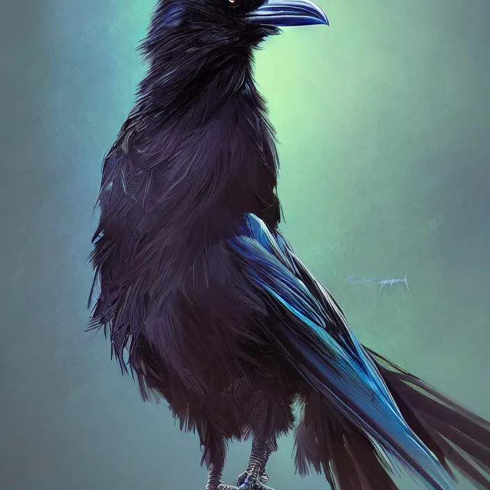 Image similar to beautiful black raven bird with long turqoise feather highlights, cute, intricate, highly detailed, digital painting, trending on artstation, concept art, smooth, sharp focus, backlit, rim light, vivid colors, illustration, unreal engine 5, 8 k, art by rossdraws and alphonse mucha