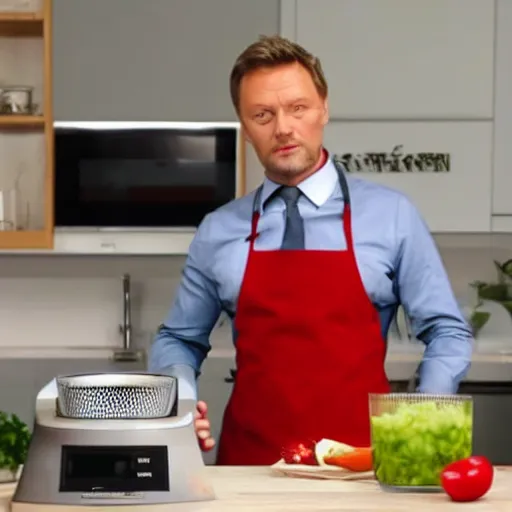 Prompt: Christian Lindner selling a Thermomix, Tv commercial, picture, realistic