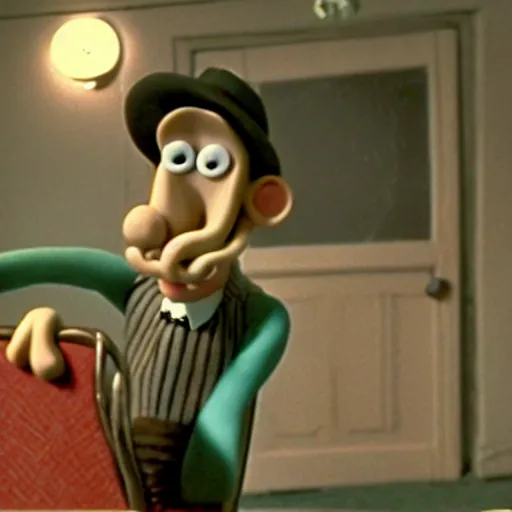 Prompt: Wallace smoking crack in a still from the short movie A Grand Day Out (1989), Wallace and Gromit, Aardman Animations, claymation, 4k, high quality