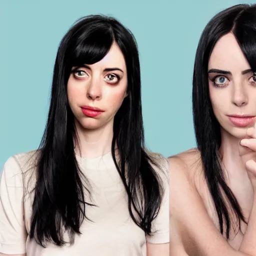 Prompt: a girl with long black hair and a side part, her face is a mix between aubrey plaza, krysten ritter and lucy hale