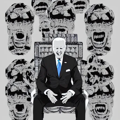 Image similar to Joe Biden sitting on a throne of skulls, digital painting