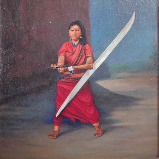 Prompt: a nepali woman carrying a sword, fierce, oil painting