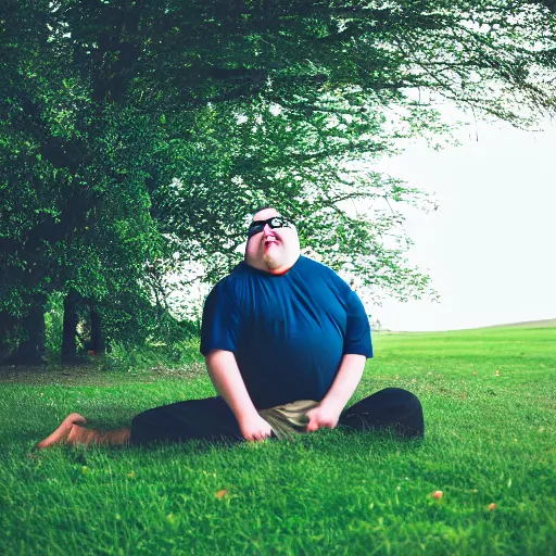 Prompt: fat man wearing glasses trying to touch grass and crying, dslr photo