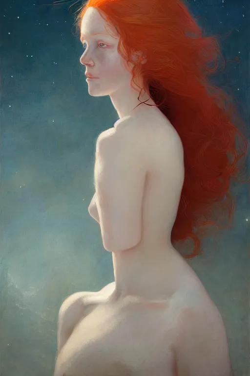 Image similar to of beautiful redhead female, beauty portrait by greg rutkowski, hilma af klint, moebius, victo ngai, sharp focus, global illumination, highly detailed, masterpiece, award winning, post processing