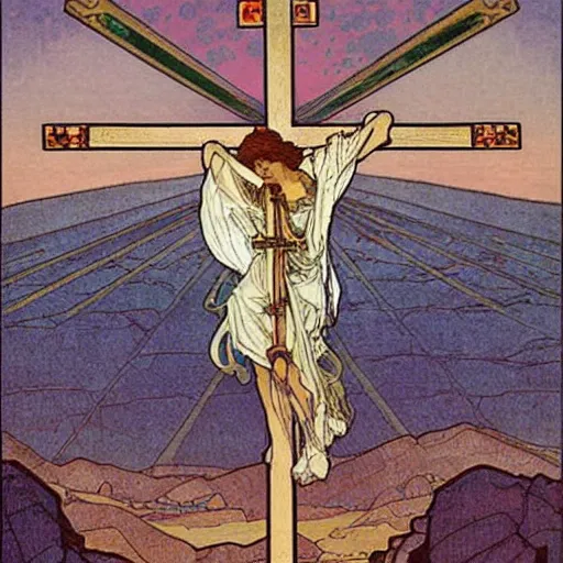 Image similar to a spiritual cross on top of a holy mountain, Mucha, Moebius, Mohrbacher