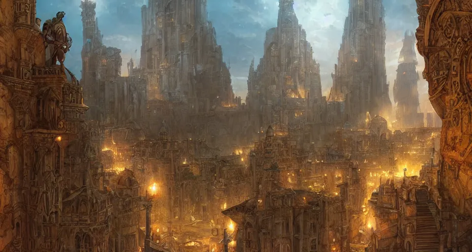 Image similar to ancient city of atlantis with big buildings in gold, fantasy, magical, cinematic, establishing shot, atmospheric lighting, extremely detailed, intricate, sharp focus, coherent, art style of marc simonetti, bowater charlie and brom gerald