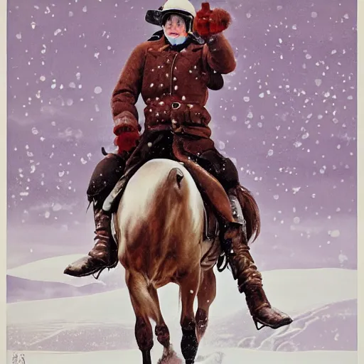 Image similar to a painting of a person on a horse in the snow, poster art by otomo katsuhiro, cgsociety, nuclear art, reimagined by industrial light and magic, official art, poster art