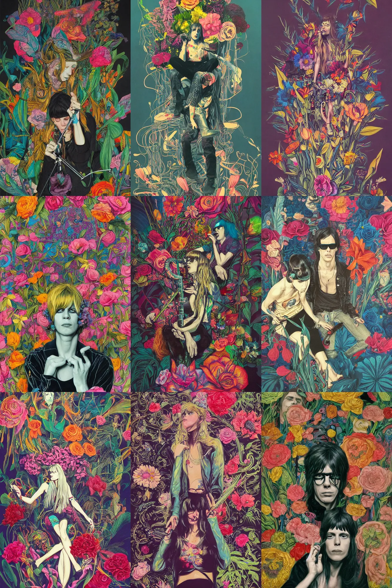 Prompt: the velvet underground and nico playing live on stage, beautiful stage decoration with flowers in the background, painting by james jean, very detailed and colorful and ornamental and moody and relaxed and tasteful and laid back and relaxed and cool and high on drugs, trending on artstation, behance contest winner