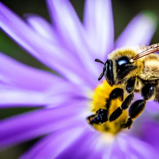 Image similar to a close up of a bee on a flower, a macro photograph by christopher williams, shutterstock contest winner, naturalism, macro photography, photo taken with nikon d 7 5 0, macro lens