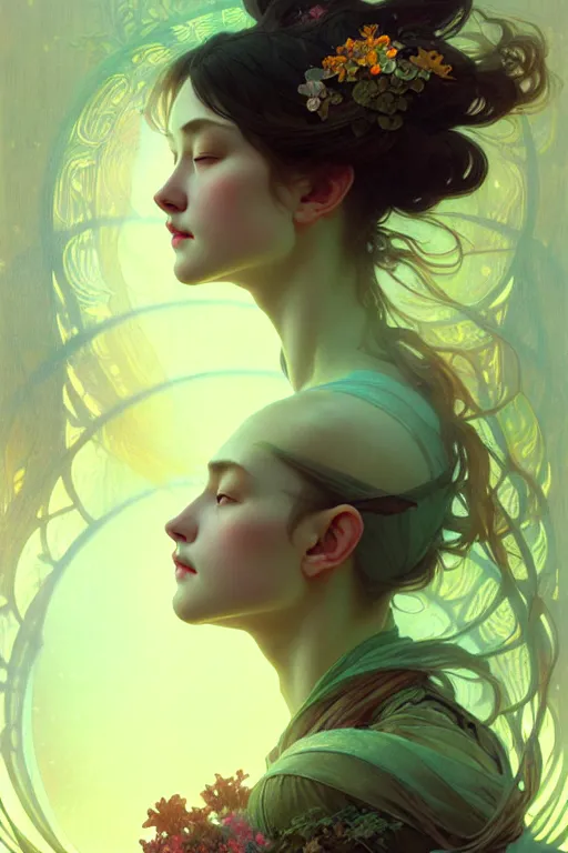 Image similar to beautiful aerite, portrait in the center of the face, home care, gentle, thoughtful, fog, snow, volumetric lighting, soft light particles floating next to her, illustration, perfectly shaded, often painted, works by krenz kushart and wenjun lin, alphonse mucha