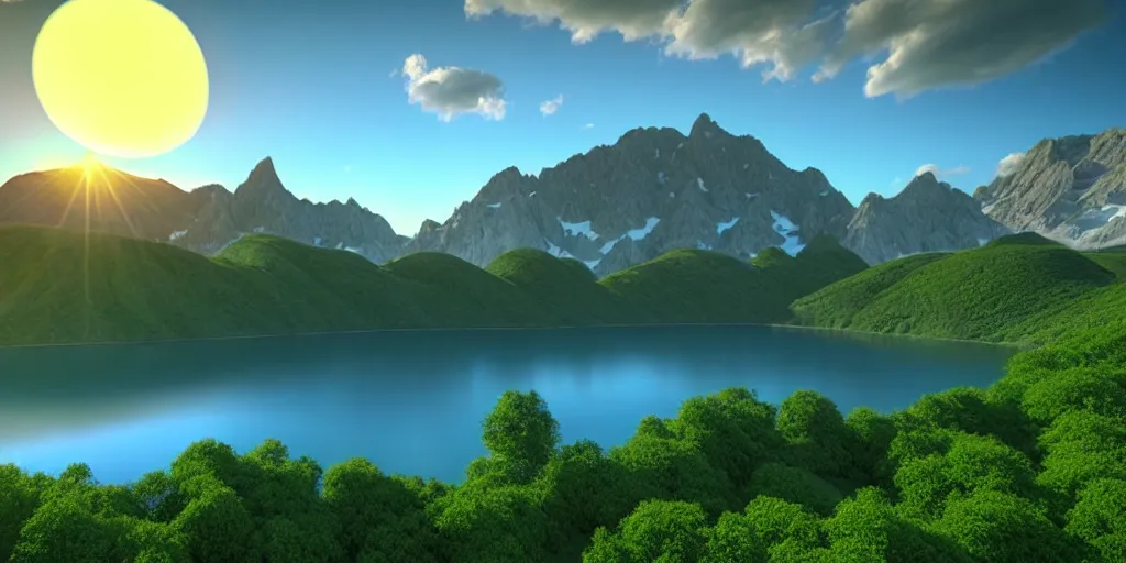 Image similar to a beautiful landscape, sun rises between two mountains, a lake in between the mountains, green, lush vegetation, blue sky, cloudy, 3 d artwork by john stephans, unreal engine 5, extremely detailed, hyper realism