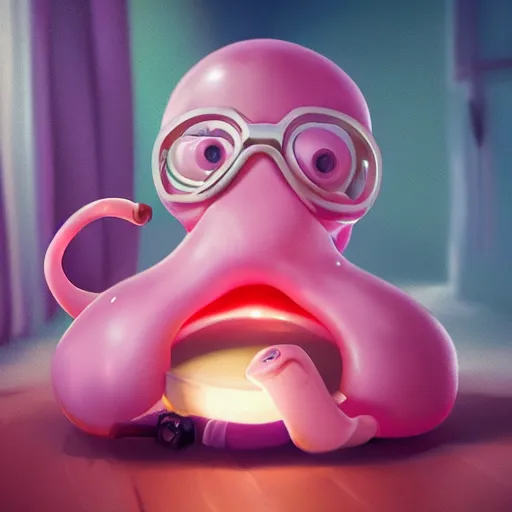 Image similar to a cute pink squid sitting playing videogames, digital art, trending on artstation, cgsociety, octane render, RPG portrait, dynamic lighting, hyperrealistic