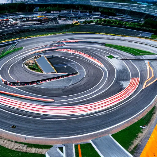 Prompt: drone photo of a futuristic racing circuit