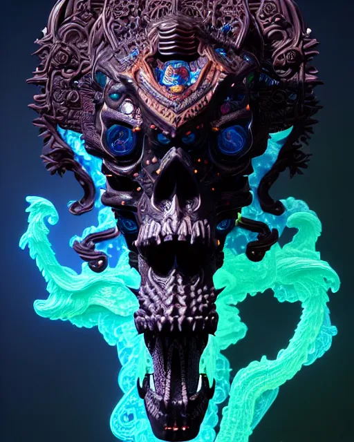 Image similar to 3 d ornate carved dark cosmic horse with profile portrait, sigma 5 0 0 mm f / 5. beautiful intricate highly detailed quetzalcoatl skull. bioluminescent, plasma, lava, ice, water, wind, creature, thunderstorm! artwork by tooth wu and wlop and beeple and greg rutkowski, 8 k trending on artstation