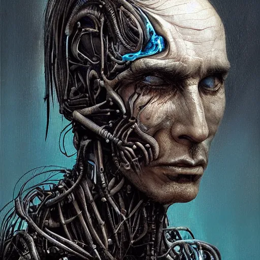 Image similar to surreal portrait of a man by Greg Rutkowski and H.R Giger, he is about 30 years old, messy long black hair, tired appearance, roman nose, peaceful but sad and resigned expression, martyred as a biomechanical transhuman cyborg god, eyes glow electric blue, cosmic void background, frightening, fascinating, highly detailed portrait, digital painting, book cover, artstation, concept art, smooth, sharp foccus ilustration, Artstation HQ.