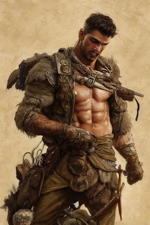 Image similar to portrait of a young rugged ranger, muscular, handsome, upper body, hairy torso, D&D, fantasy, intricate, elegant, highly detailed, digital painting, artstation, concept art, smooth, sharp focus, illustration, art by artgerm and Greg Rutkowski and Alphonse Mucha