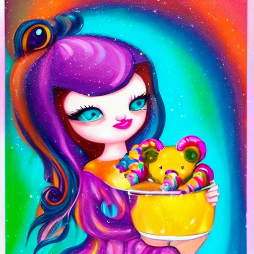 Prompt: a jeremiah ketner and lisa frank acrylic impasto!! painting of an adorable and cute bear eating candy