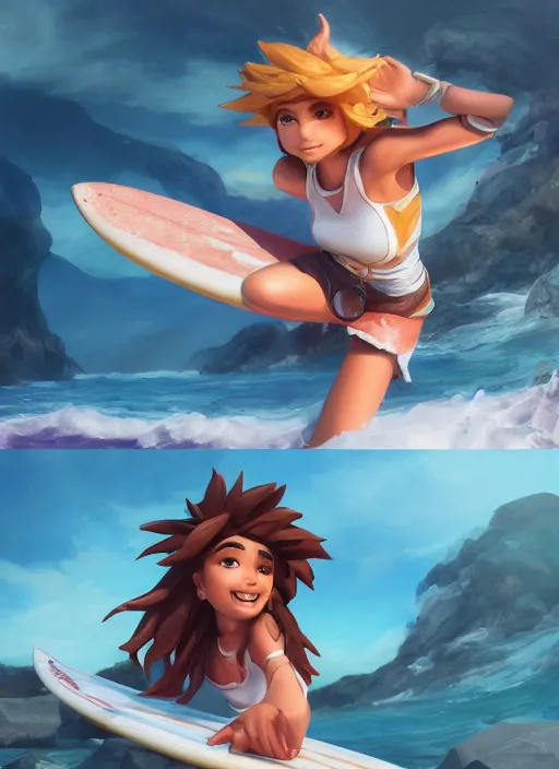 Prompt: youthful taliyah, from league of legends, au naturel, surfing a rock, with abs, hyper detailed, digital art, trending in artstation, cinematic lighting, studio quality, smooth render, unreal engine 5 rendered, octane rendered, art style by klimt and nixeu and ian sprigger and wlop and krenz cushart