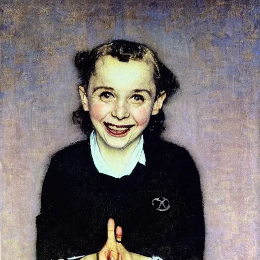 Prompt: a portrait of tzvika pick smiling while doing a peace sign, by norman rockwell