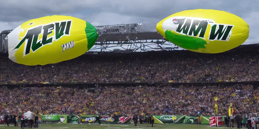 Prompt: mtn dew sponsors the game day blimp