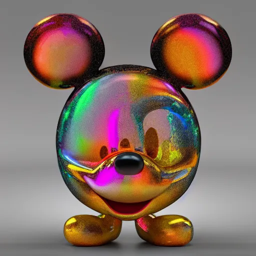 Image similar to counterfeit mickey mouse, fractal, broken, wet, melting, lisa frank, fractured, mycelium, cubensis, radiant alien, rococo, baroque, automotive, bio-mechanical, porcelain, iridescent, sub surface scattering, unreal engine, octane render