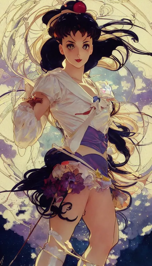 Image similar to sailor moon in a cute pinup pose by artgerm, greg rutkowski and alphonse mucha, concept art, matte, intricate, full body, epic composition