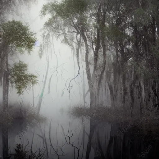 Prompt: artistic swamp with mystic fog, vegetation, few trees
