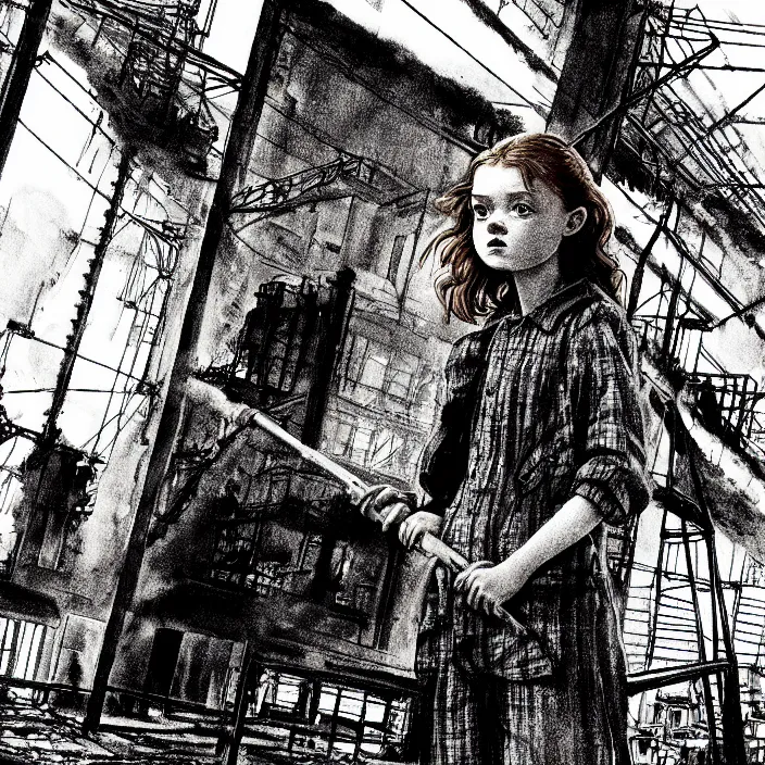 Prompt: sadie sink in dirty work clothes : leaves industrial district. waves goodbye to workmen background : factory, dirty, polluted. technique : black and white pencil and ink. by gabriel hardman, joe alves, chris bonura. cinematic atmosphere, detailed and intricate, perfect anatomy