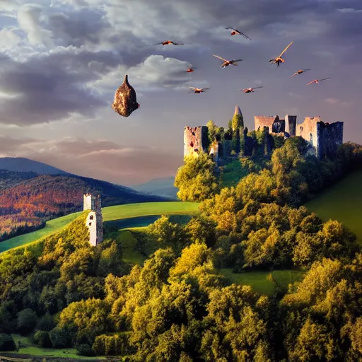 Image similar to Vast verdant valley surrounded by Transylvanian mountains, with a large zeppelin hovering in the foreground, and a ruined medieval castle on the hillside in the background. Late evening light in the summer, gloomy weather. Hyperrealistic, high quality, sharp, photography.