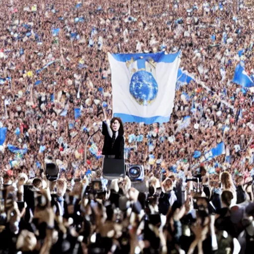 Image similar to Lady Gaga as president, Argentina presidential rally, Argentine flags behind, bokeh, giving a speech, detailed face, Argentina