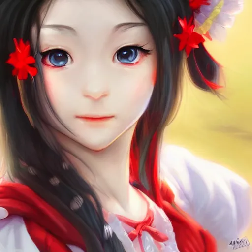 Prompt: portrait of reimu hakurei from touhou, matte painting by artgerm, artstation, perfect face, beautiful