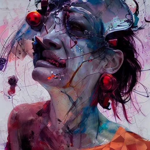 Image similar to grinning woman in a vr headset, dynamic energic pose, cyberpunk in the style of adrian ghenie, esao andrews, jenny saville, surrealism, dark art by james jean, takato yamamoto