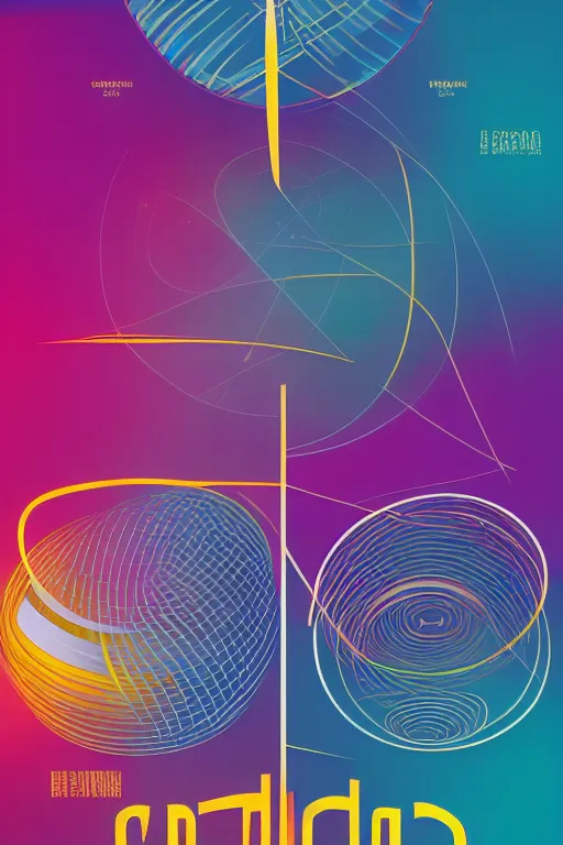 Prompt: retro 8 0 s poster graphics of geometric representation of gravity effects on space and time, geometric design, movement, perfect geometry, spheres, retro poster, symmetrical, serious, 8 0 s pop colors, poster