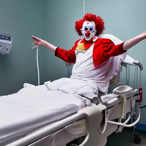 Image similar to crazy clown in hospital bed with wrist restraints on, restraints have fabric straps attached to hospital bed, photograph, 8 k