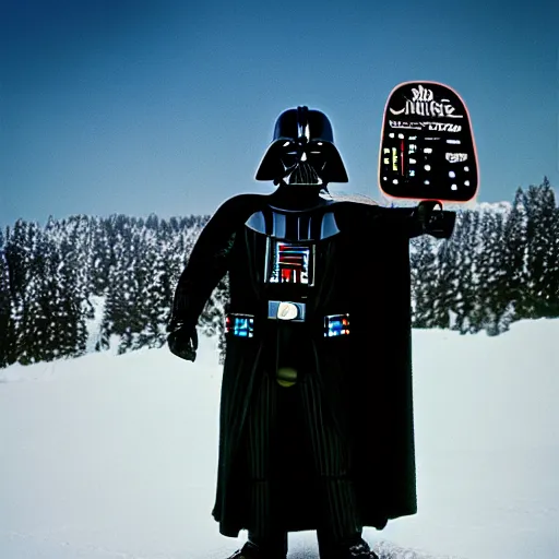 Image similar to photo of darth vader snowboarding, cinestill, 8 0 0 t, 3 5 mm, full - hd