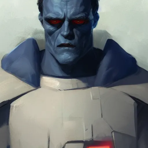 Prompt: portrait of a man by greg rutkowski, great admiral thrawn from star wars, blue skin, short black hair in military style, tall, star wars expanded, universe, he is about 5 0 years old, wearing white colored imperial admiral uniform, artstation hq