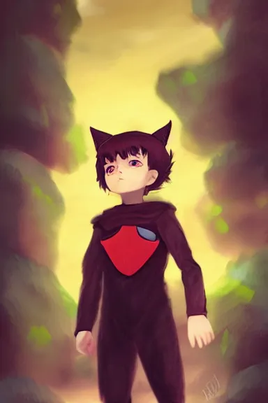 Prompt: little boy with cat ears in an black outfit with red cape. digital artwork made by lois van baarle and kentaro miura and marc simonetti, sharpness focus, inspired by hirohiko araki, anatomically correct, heroic composition, hero pose, smooth