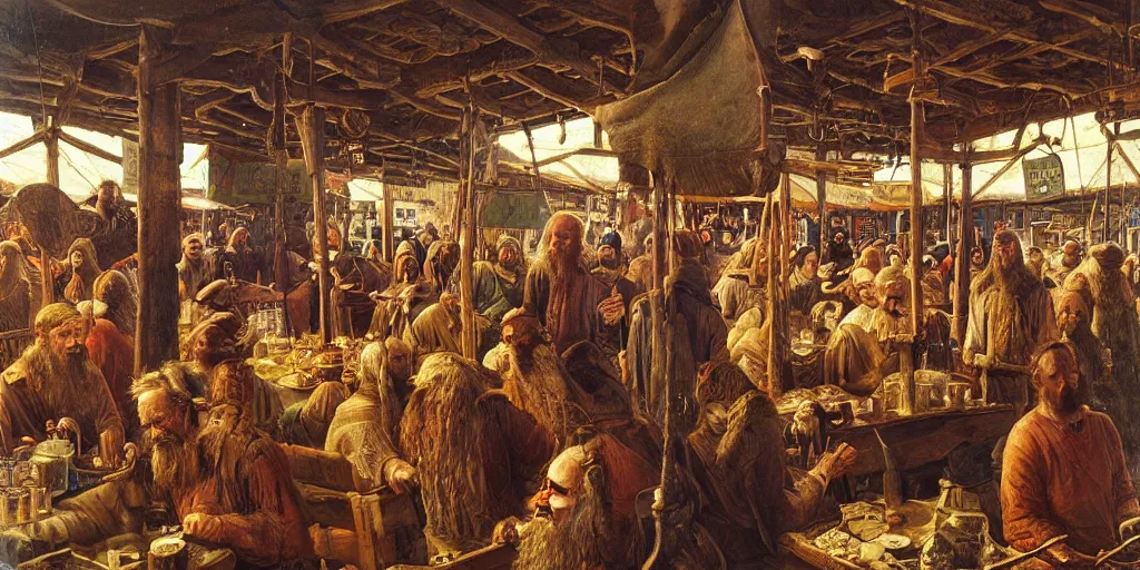 Image similar to Highly detailed viking period oil painting of aviking market, strong atmosphere, oil painting masterpiece by Josep Tapiró Baró, symmetry, fractals