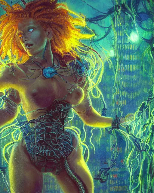 Prompt: day time, a cyberpunk close up portrait of cyborg medusa, electricity, snakes in hair, sparks, bokeh, soft focus, skin tones, warm, sky blue, daylight, by monet, paul lehr, jesper ejsing