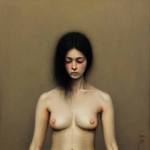 Prompt: portrait of young female in bra with pale white skin and short black hairs, full body, painting by Beksinski