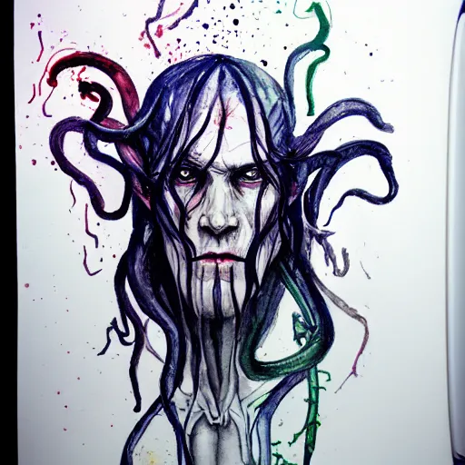 Prompt: cthulhu with a human body walks through the streets of london. sigma 85mm f/1.4. by Agnes Cecile but in watercolor and pencil