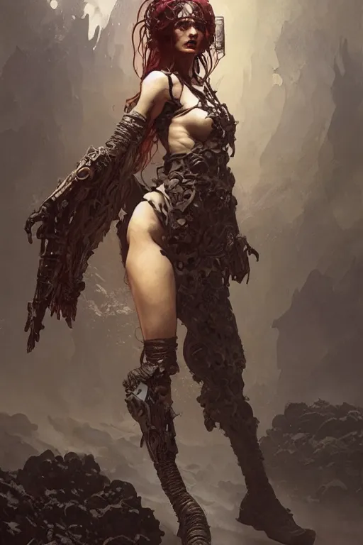 Image similar to a full body portrait of a beautiful post apocalyptic offworld nordic necromancer reposed by the lava pits, intricate, elegant, highly detailed, digital painting, artstation, concept art, smooth, sharp focus, illustration, art by krenz cushart and artem demura and alphonse mucha