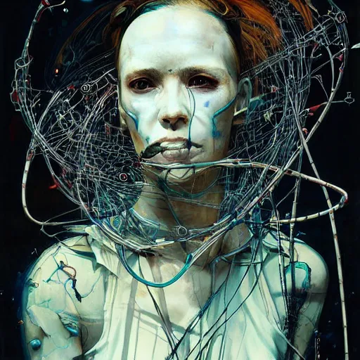 Image similar to a female cyberpunk hacker, skulls, wires cybernetic implants, machine noir, in the style of adrian ghenie esao andrews jenny saville surrealism dark art by james jean takato yamamoto and by ashley wood