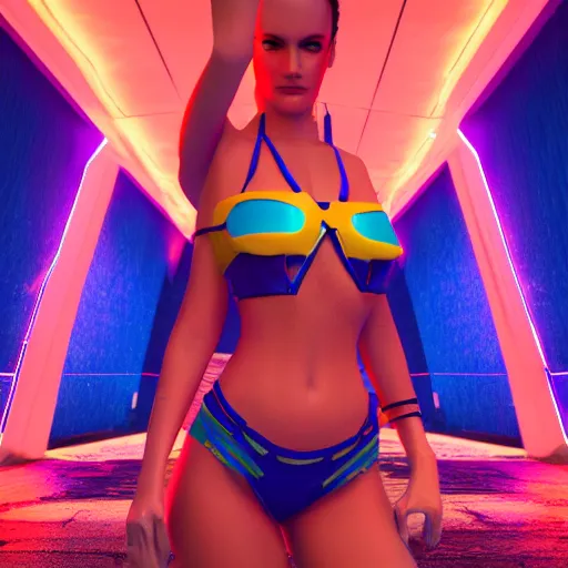 Prompt: cyberpunk neon bikini babe, beautiful, breath taking, award winning, perfect, symmetrical, environment futuristic beach, octane render, 8 k, full clarity, hd