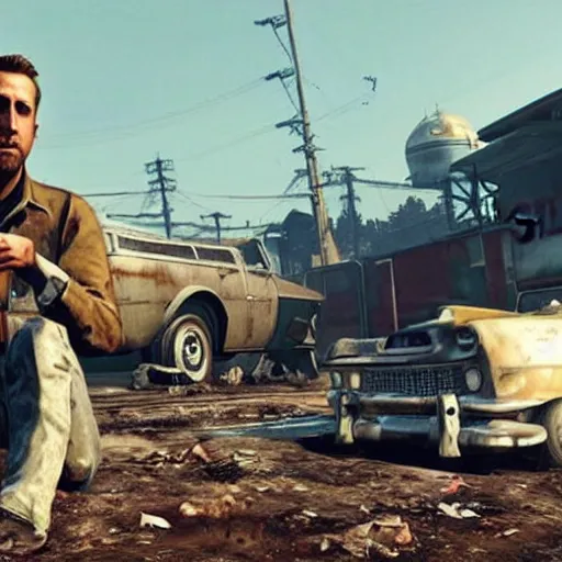 Image similar to ryan gosling in fallout 4 kneels near a nuclear bomb