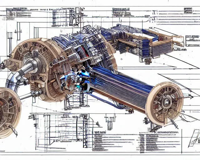 Prompt: a full page of a mechanical blueprint showing a simple cutaway design for a small mechanized wolf from howl's moving castle ( 2 0 0 4 ), with a pilot inside, muted colors, post grunge, studio ghibli, hq