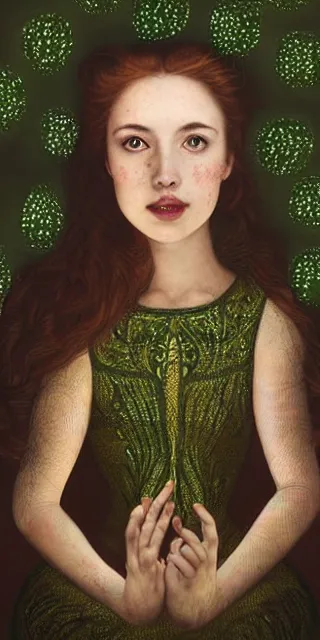 Image similar to a totally enraptured smiling young woman surrounded by golden firefly lights in a mesmerizing scene, sitting amidst nature fully covered, intricate detailed dress, long loose red hair, precise linework, accurate green eyes, small nose with freckles, smooth oval head, expressive emotions, hyper realistic ultrafine portrait by artemisia gentileschi, jessica rossier, artgerm