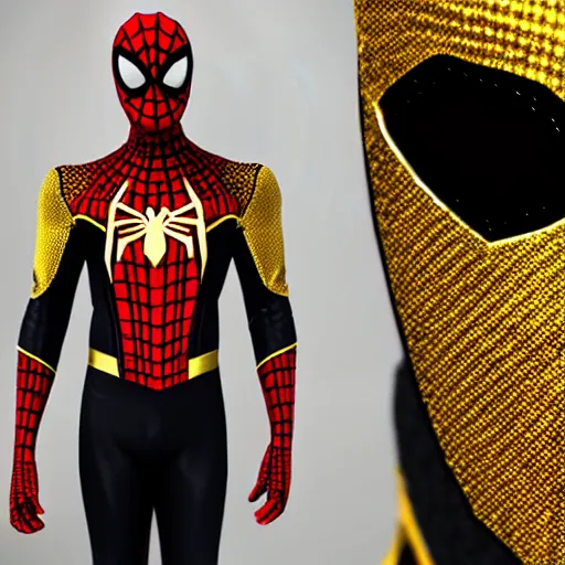 Image similar to gold spider - man suit with black web lining, cinematic, volumetric lighting, realistic, hyperdetailed, photorealistic, photograph